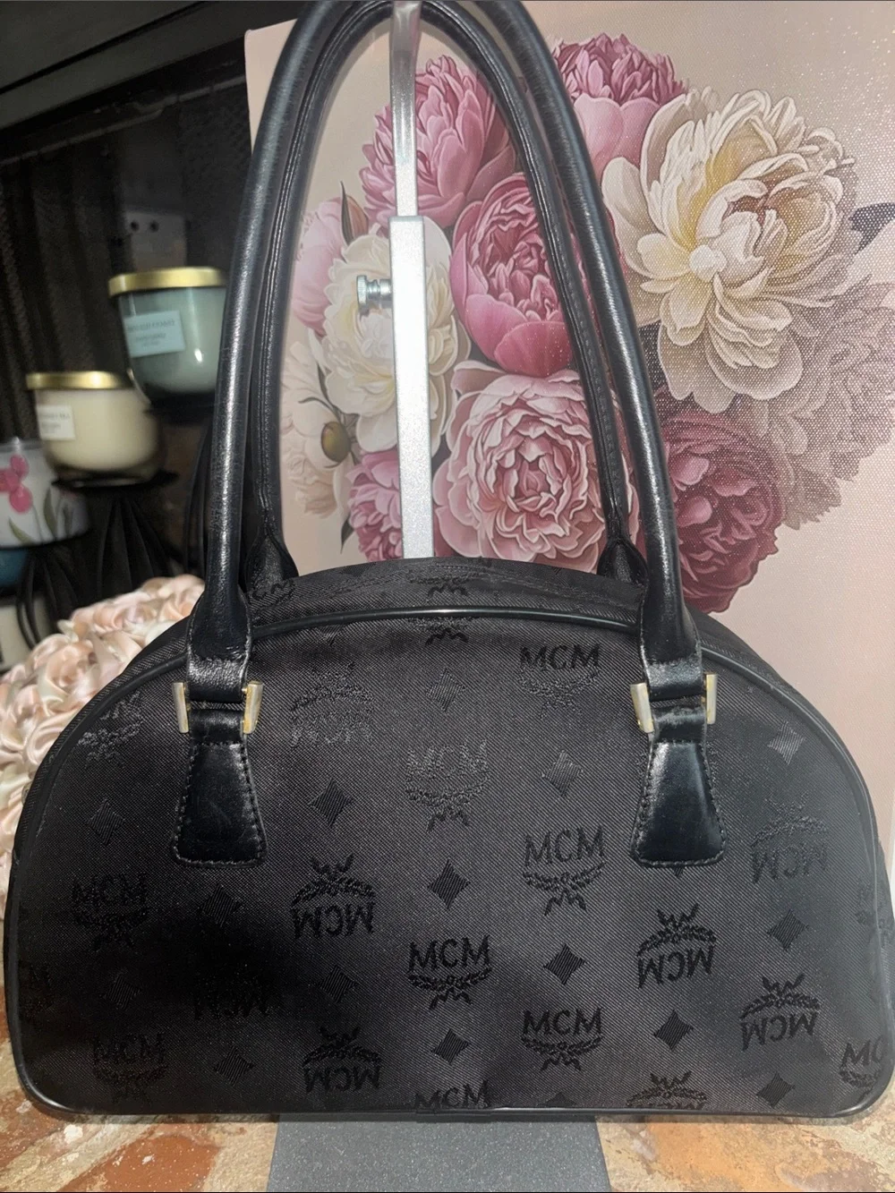 MCM Black Logo Dome Satchel with Gold Plaque